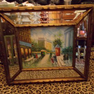 Large scenic painting in gorgeous wood frame with mirror